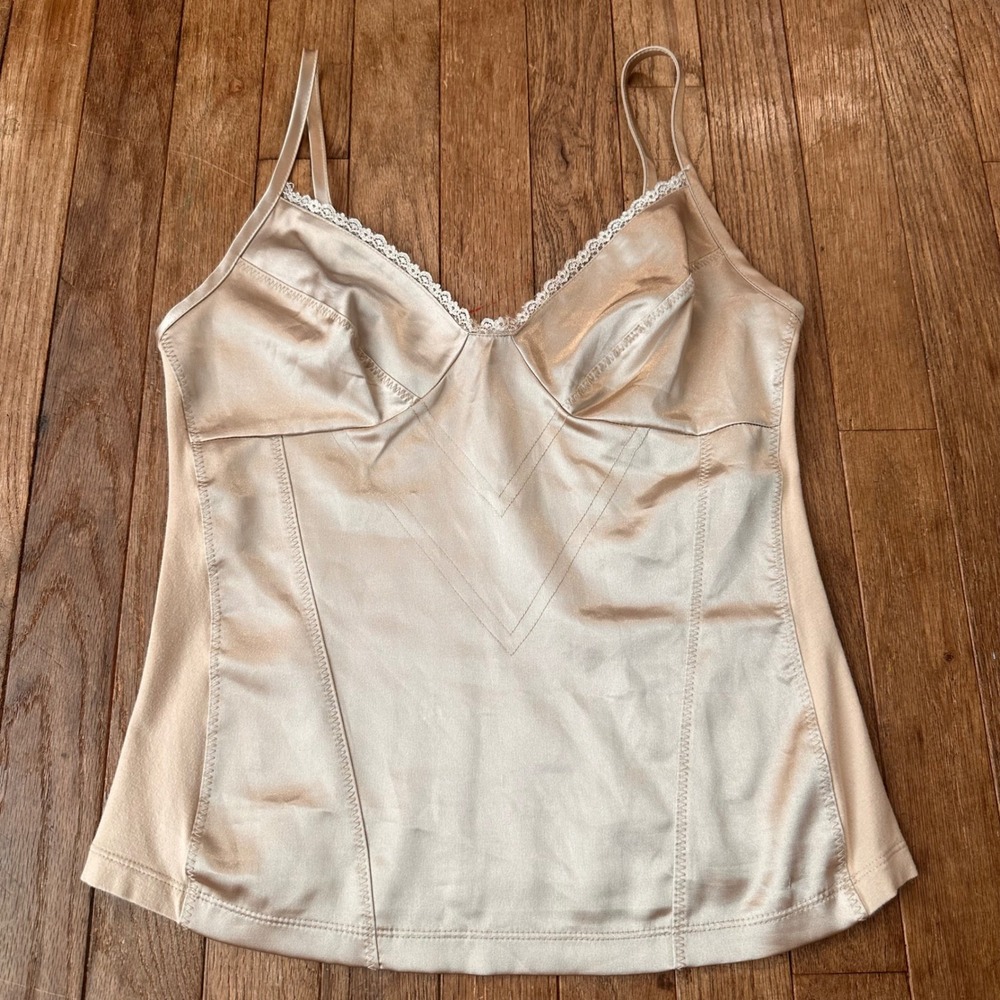Y2K Lingerie Camisole Top Womens Small Lace Trim Satin Front Champagne Boudoir